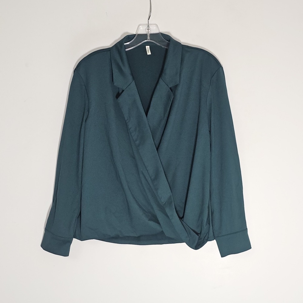 Halara Top Womens Medium Green Crossover Long Sleeve Work Shirt Draped Wrap Nice
